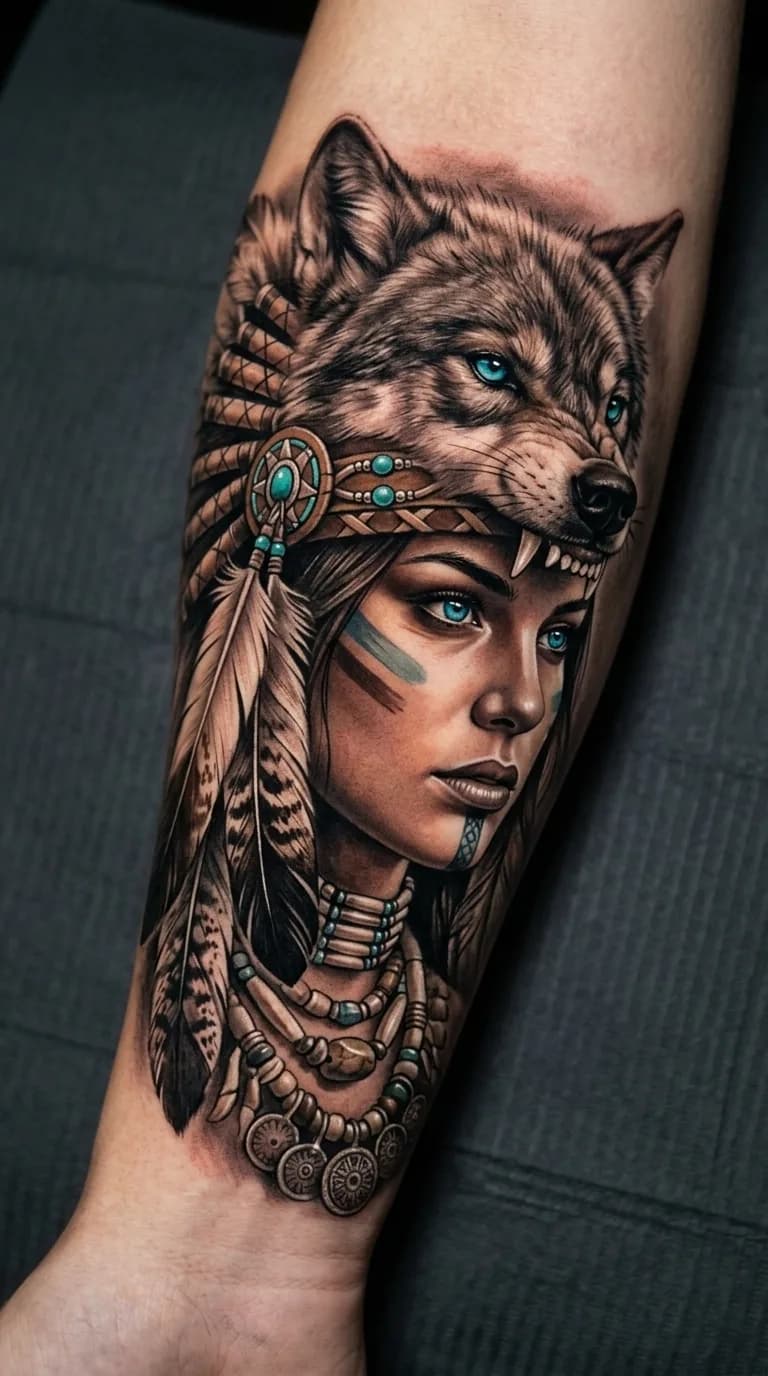 Tatuagem realista de mulher com cocar de lobo e olhos azuis vibrantes no antebraço, estilo Realismo com pontos de cor.