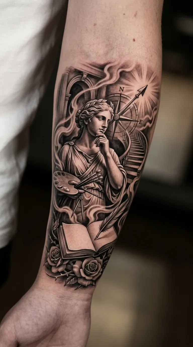 Tatuagem realista black and grey de musa pensativa com paleta, bússola, livro e rosas no antebraço.