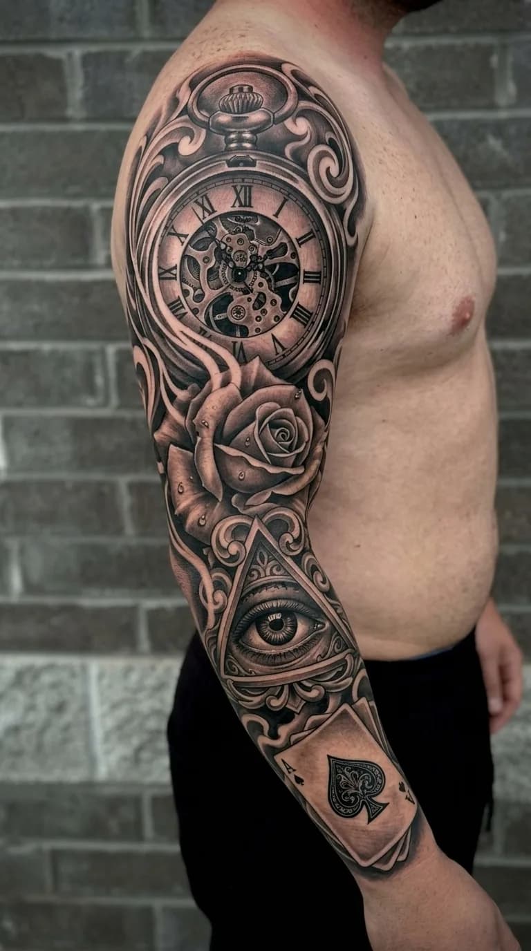 Tattoo Tempo, Sorte e Sabedoria Tatuados Realismo B&G feita em São Paulo por Robson Torres