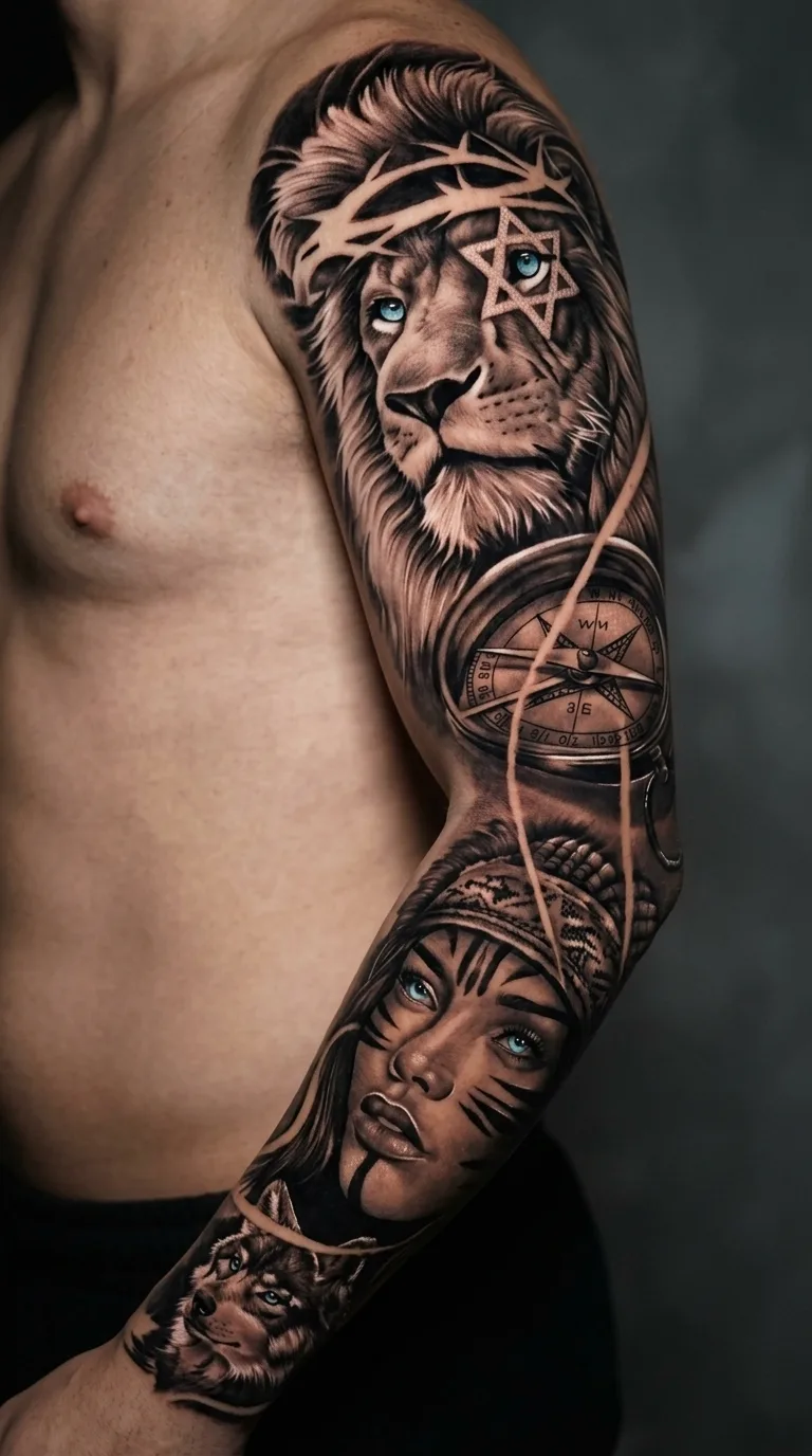Tattoo Leão, Mulher e Lobo: Realismo Realismo B&G feita em São Paulo por Robson Torres