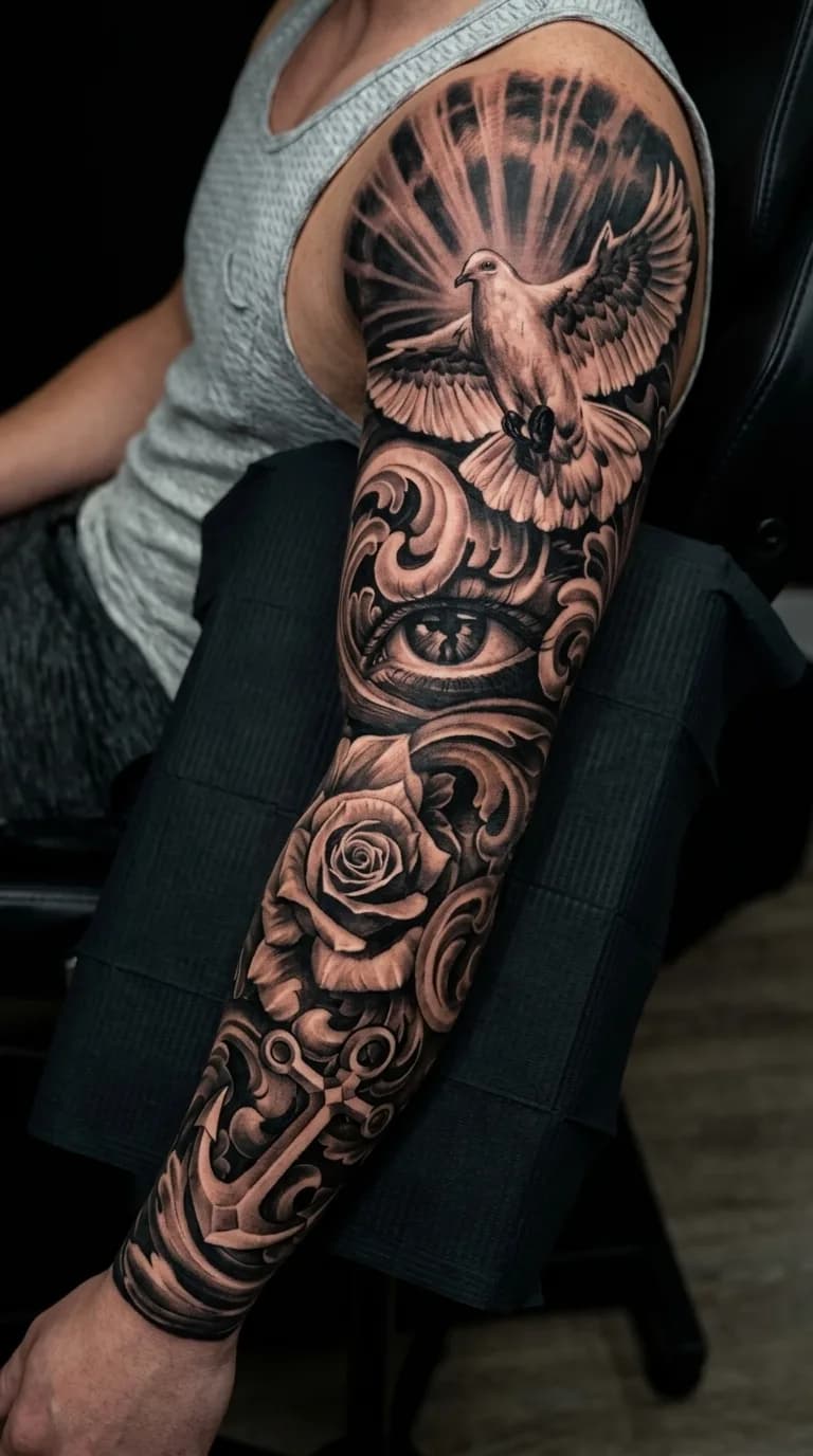 Tatuagem realista black and grey no braço masculino com pomba, olho, rosa e âncora, em São Paulo.