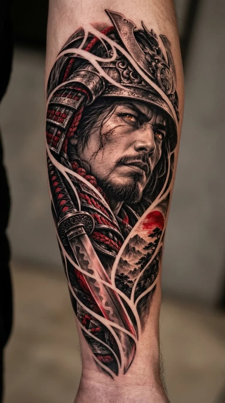 Tatuagem realista de samurai com armadura e katana, em preto e cinza com detalhes vermelhos e olhos amarelos, em um braço.