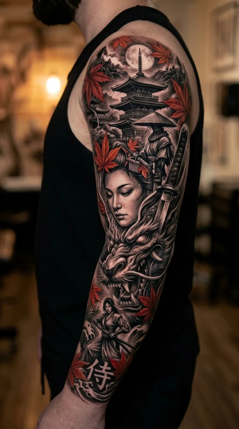 Tatuagem sleeve oriental detalhada com geisha, dragão, samurai, pagodas e folhas de bordo vermelhas em estilo black and grey com toques de cor.