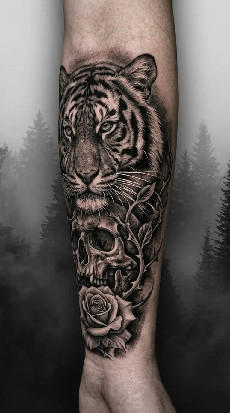 Tatuagem realista de tigre, crânio e rosa em preto e cinza no antebraço, estilo Realismo B&G.