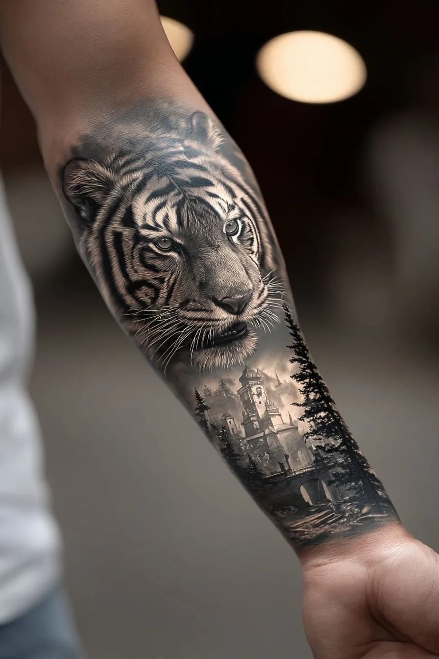 Tatuagem realista de tigre e castelo em preto e cinza no antebraço de um homem, com detalhes de floresta e ponte.