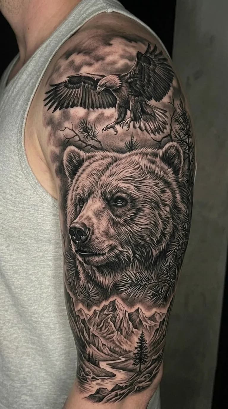 Tatuagem realista de urso pardo e águia em voo, estilo preto e cinza no braço de um homem, com montanhas e floresta ao fundo.