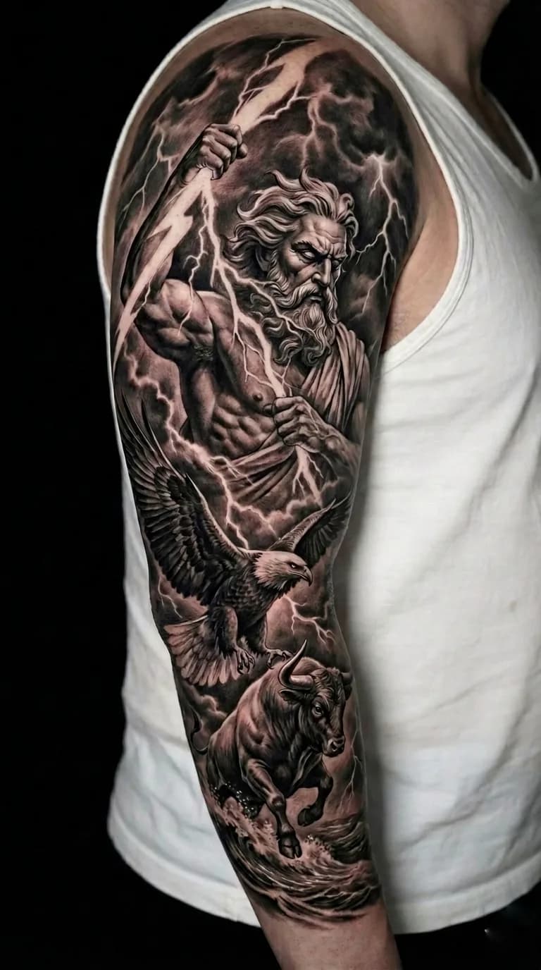 Tatuagem de Zeus com raio, águia e touro em estilo Realismo Black & Grey no braço de um homem.