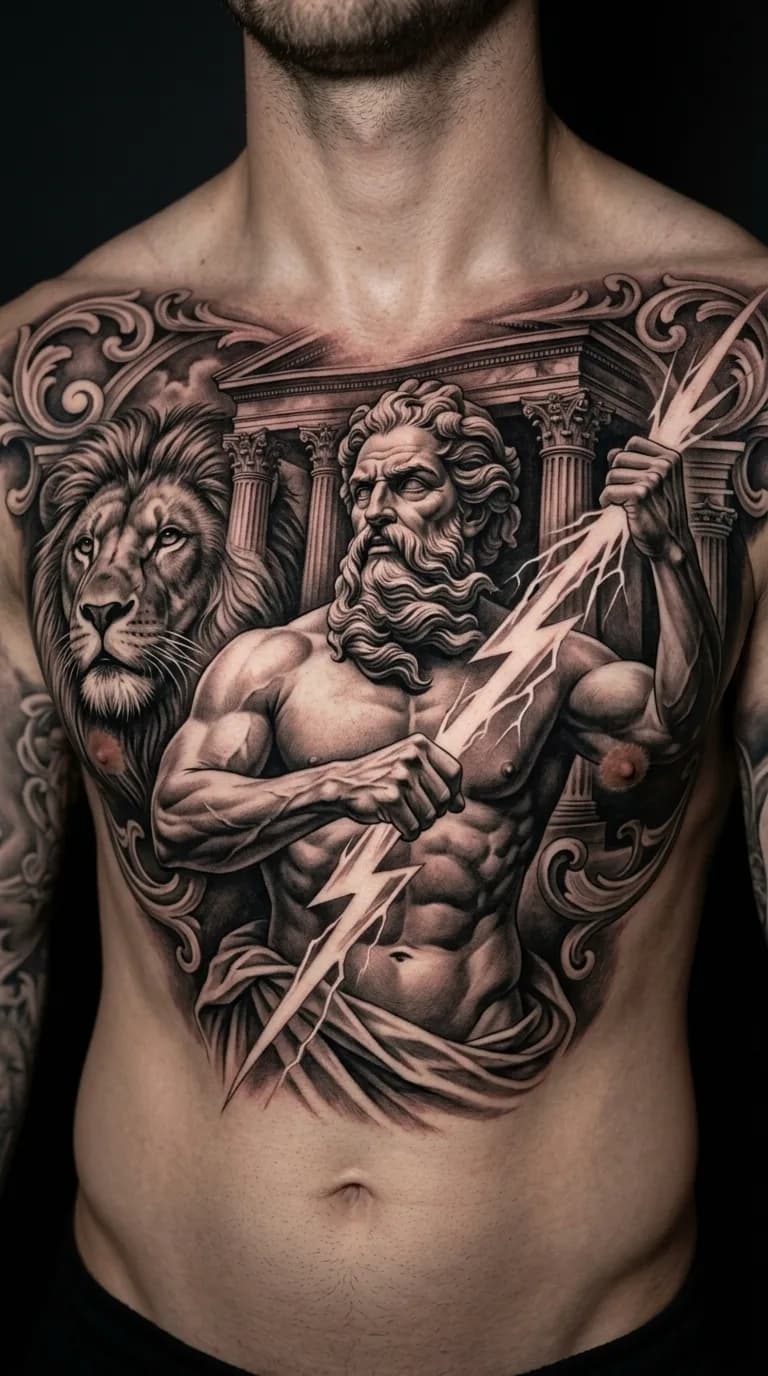 Tatuagem de peito masculina em Realismo B&G de Zeus com leão, raios e arquitetura grega.