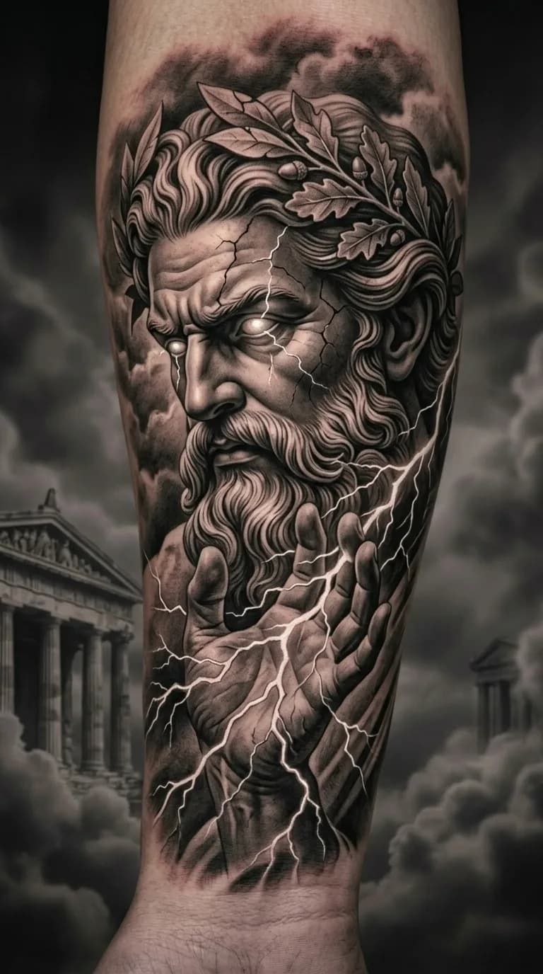 Tatuagem realista de Zeus com relâmpagos e olhos brilhantes, estilo black and grey no braço.