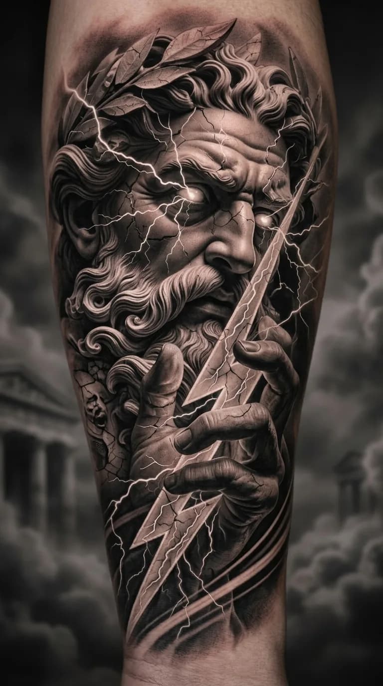 Tatuagem realista de Zeus com raio em estilo preto e cinza no braço, com coroa de louros e fundo de nuvens escuras.