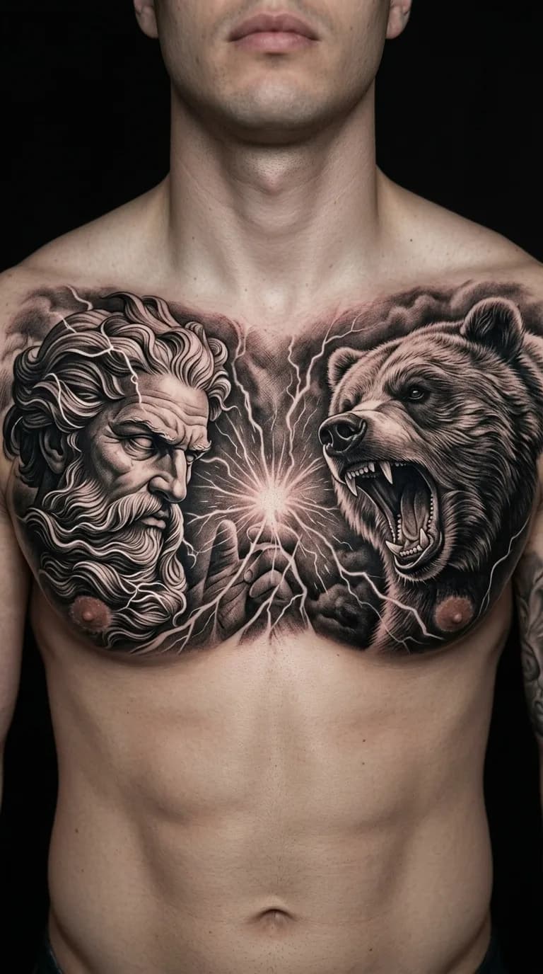Tatuagem realista em preto e cinza de Zeus e um urso rosnando no peito de um homem, com raios e nuvens.