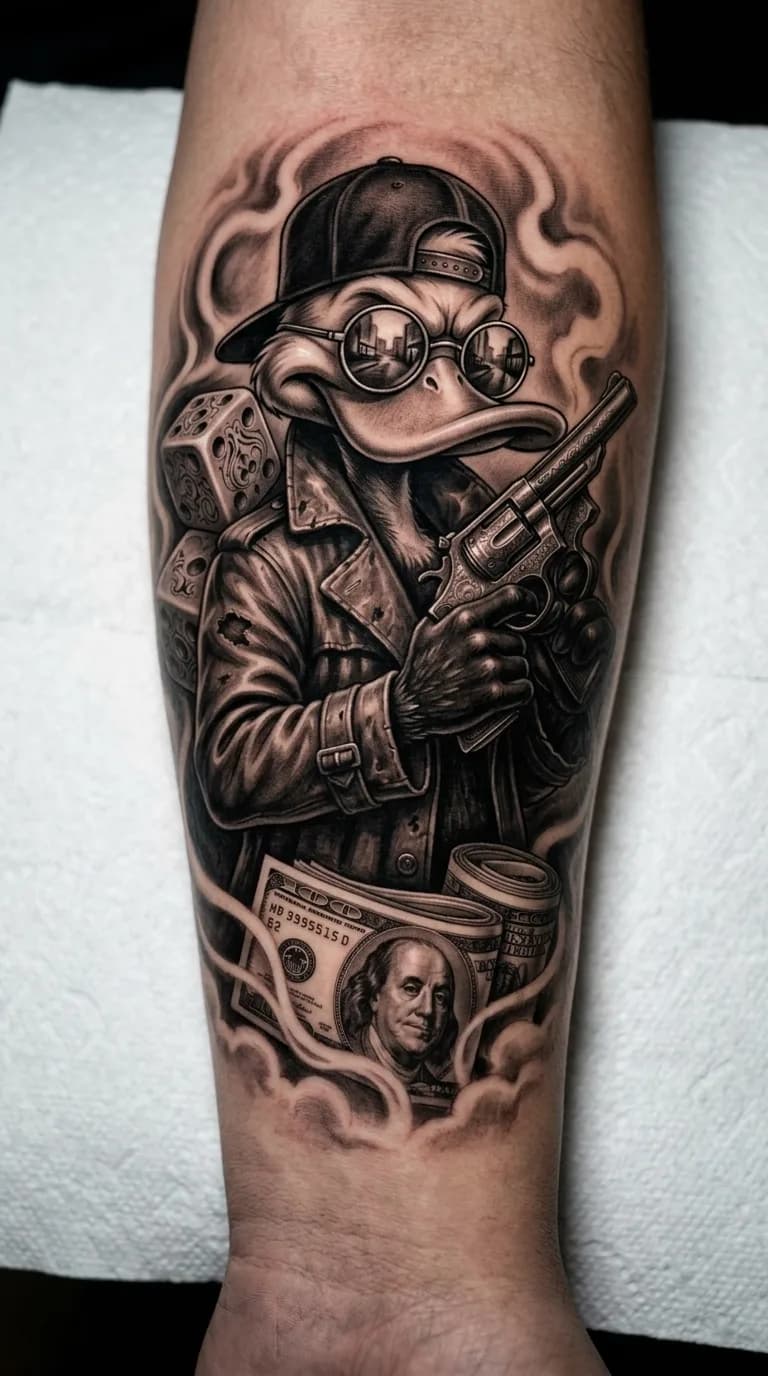 Tatuagem black and grey de pato gangster estilo Chicano, com boné, óculos de sol, revólver, dados e notas de dólar, em braço.