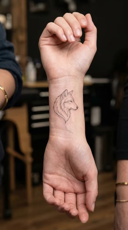 Tattoo lobo fineline minimalista no pulso