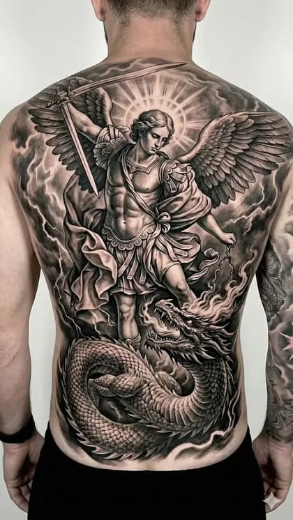 Tatuagem Arcanjo Miguel e Dragão em realismo black and grey, fechamento de costas completo.