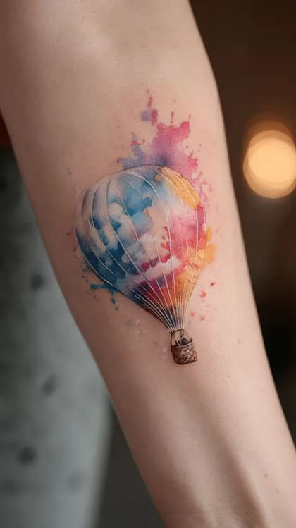 Tatuagem de balão de ar quente em estilo aquarela com cores vibrantes (azul, rosa, laranja) no braço.
