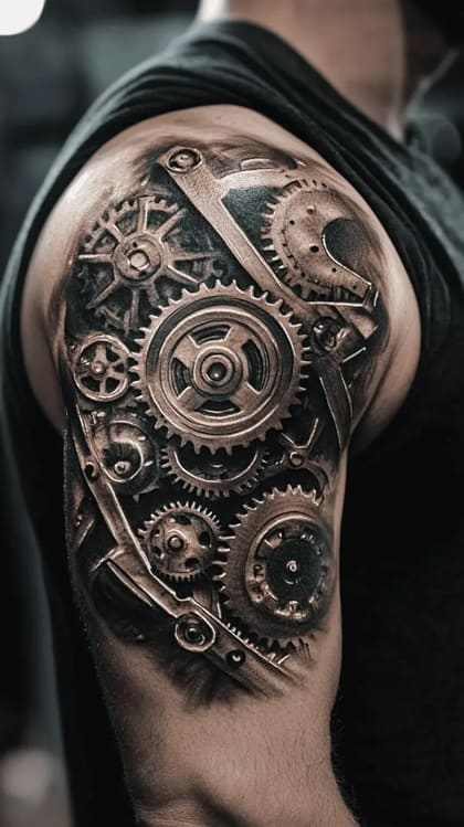 Tatuagem biomecânica detalhada no braço, com engrenagens e mecanismos em estilo black and grey 3D.