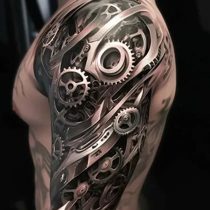 Tatuagem biomecânica realista no braço, com detalhes de engrenagens e estruturas metálicas em preto e cinza, criando um efeito 3D impressionante.
