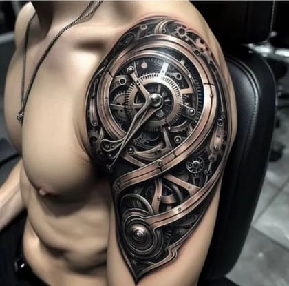 Tatuagem biomecânica realista no ombro de um homem, com detalhes de engrenagens, mecanismos de relógio e textura metálica em tons de cinza e bronze.