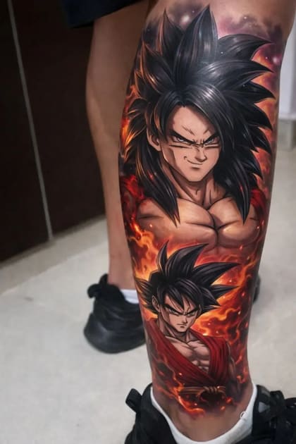 Tatuagem colorida de Goku Super Saiyajin 4 e Goku base em chamas na perna, estilo anime vibrante.