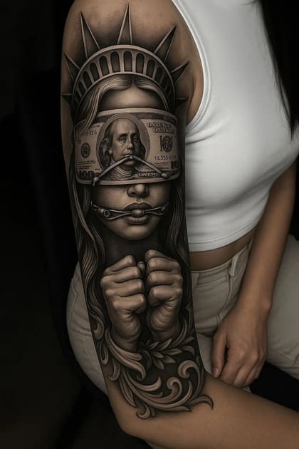 Tatuagem realista black and grey de mulher com olhos vendados por nota de dólar, mordaça e coroa da Estátua da Liberdade, com punhos cerrados e ornamentos.