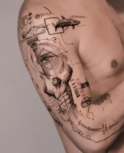 Tatuagem masculina no braço em estilo mini realismo e geométrico, com figura humana, olho, coluna, tubarão e texto 'Private Victories'.