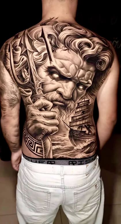 Tatuagem realista de Poseidon em preto e cinza cobrindo as costas de um homem, com tridente, navio e ondas.