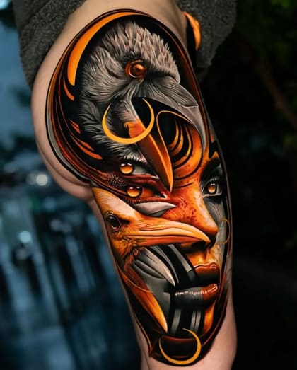 Tatuagem de realismo colorido na coxa, retratando um rosto feminino fundido com um corvo, em tons vibrantes de laranja, preto e cinza.