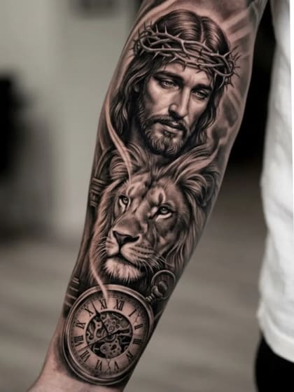 Tattoo Jesus leão e relógio no antebraço Realismo B&G feita em São Paulo por Robson Torres