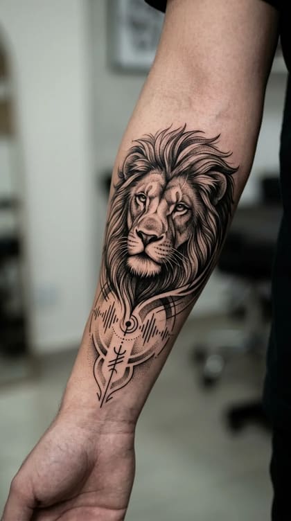 Tattoo leão minimalista antebraço audit recarga Blackwork feita em São Paulo por Robson Torres