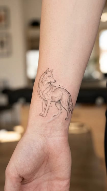 Tattoo lobo fineline minimalista no pulso