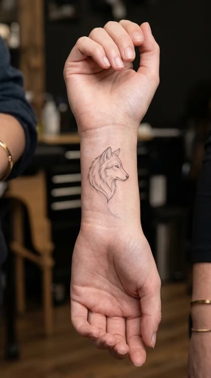 Tattoo lobo fineline minimalista no pulso