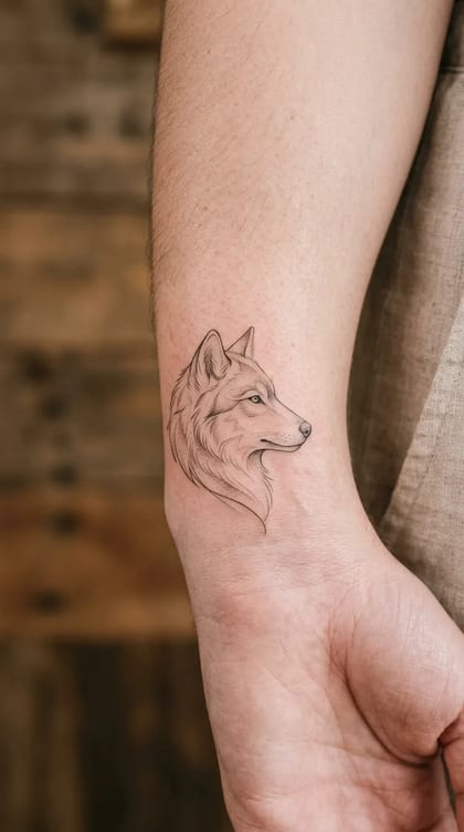Tattoo lobo fineline minimalista no pulso