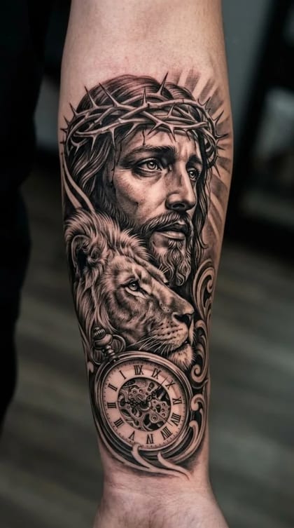 Tattoo Tatuagem realista Jesus, leão e relógio de bolso no antebraço Realismo B&G