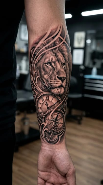 Tattoo Leão relógio e bússola no antebraço Estilo Livre feita em São Paulo por Robson Torres