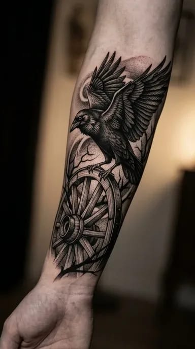Tattoo Corvo em Blackwork no antebraço feita em São Paulo por Robson Torres
