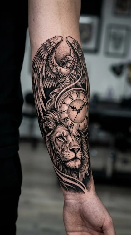 Tattoo quero um arcanjo com leão e relogio no antebraço estilo black in gray — quero fa Blackwork feita em São Paulo por Robson Torres