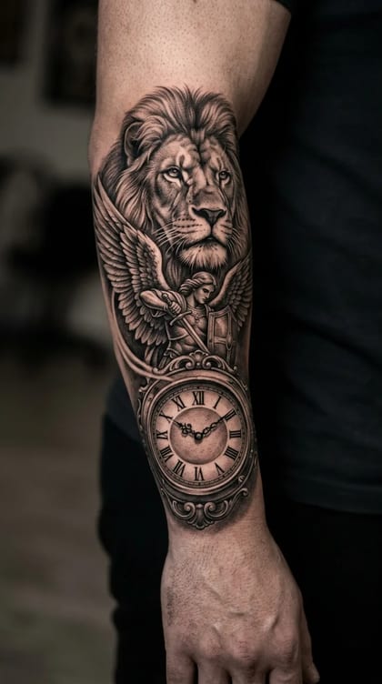 Tattoo leão arcanjo e relogio Estilo Livre feita em São Paulo por Robson Torres