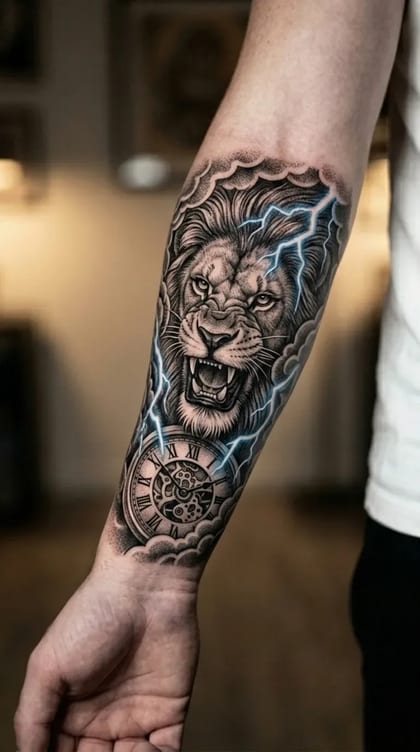 Tattoo Leão e relógio com raios azul Realismo B&G feita em São Paulo por Robson Torres