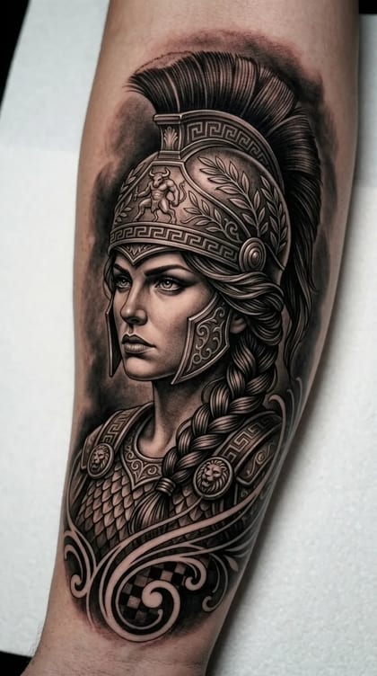 Tatuagem realista de Atena, deusa grega da guerra e sabedoria, com capacete detalhado e trança, em estilo preto e cinza no braço.