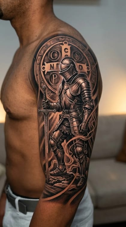 Tatuagem de braço masculino com cavaleiro em armadura e medalha de São Bento, estilo Realismo Black and Grey.