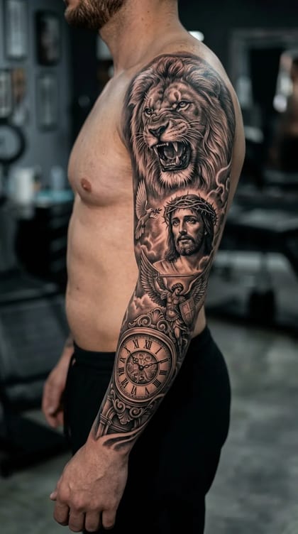 Tatuagem de fechamento de braço realista em black and grey com leão rugindo, rosto de Jesus, pomba, anjo e relógio antigo.