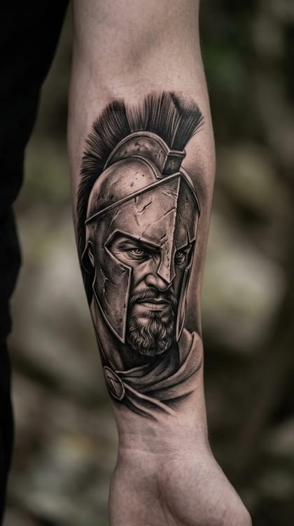 Tatuagem realista de um guerreiro espartano com capacete e barba, em tons de preto e cinza, no antebraço.