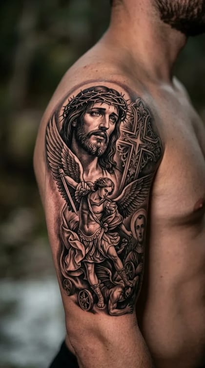 Tatuagem realista em preto e cinza de Jesus Cristo com coroa de espinhos e Arcanjo Miguel combatendo o demônio, no braço de um homem.