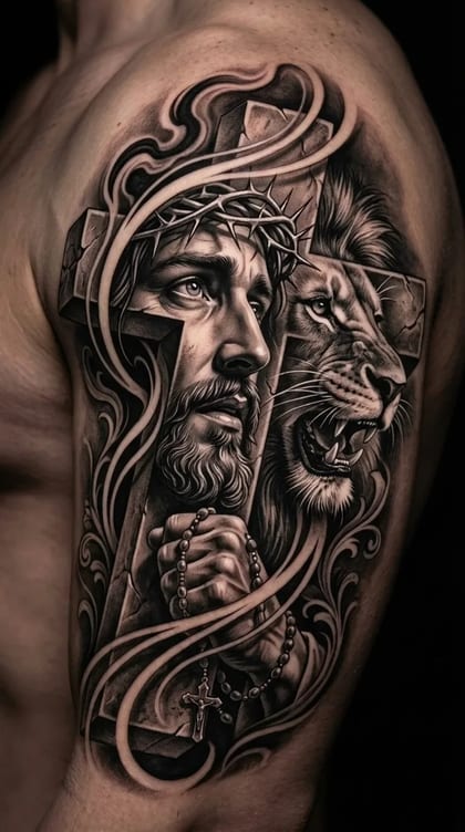 Tatuagem realista de Jesus Cristo com coroa de espinhos, leão rugindo e cruz no braço, estilo preto e cinza.