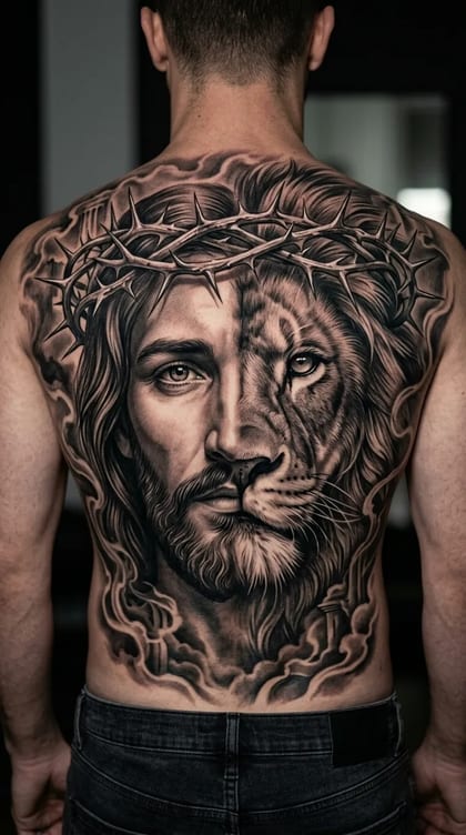 Tatuagem de realismo B&G nas costas de um homem, retratando a fusão do rosto de Jesus Cristo com um leão, ambos usando uma coroa de espinhos.