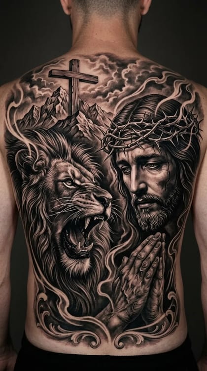 Tatuagem realista em preto e cinza de Jesus Cristo com coroa de espinhos e um leão rugindo, com cruz e montanhas ao fundo, cobrindo as costas de um homem.