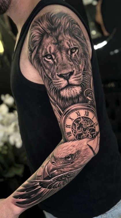 Tatuagem realista de braço completo com leão, águia e relógio de bolso em preto e cinza, exibindo detalhes e profundidade.