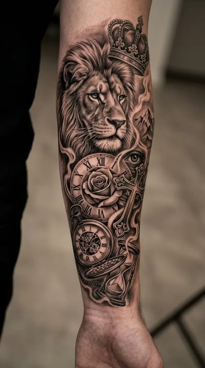 Tatuagem realista de leão com coroa, relógio, rosa e cruz no braço em estilo black and grey.
