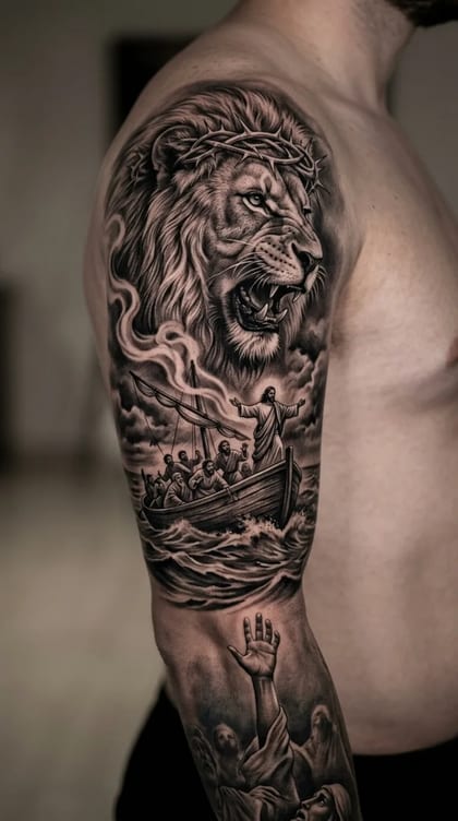 Tatuagem realista black and grey no braço de um homem, com um leão de judá usando coroa de espinhos e uma cena de Jesus acalmando a tempestade em um barco com discípulos.