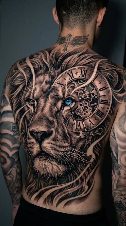 Tatuagem realista de leão com relógio e olho azul vibrante nas costas de um homem, estilo Black & Grey.